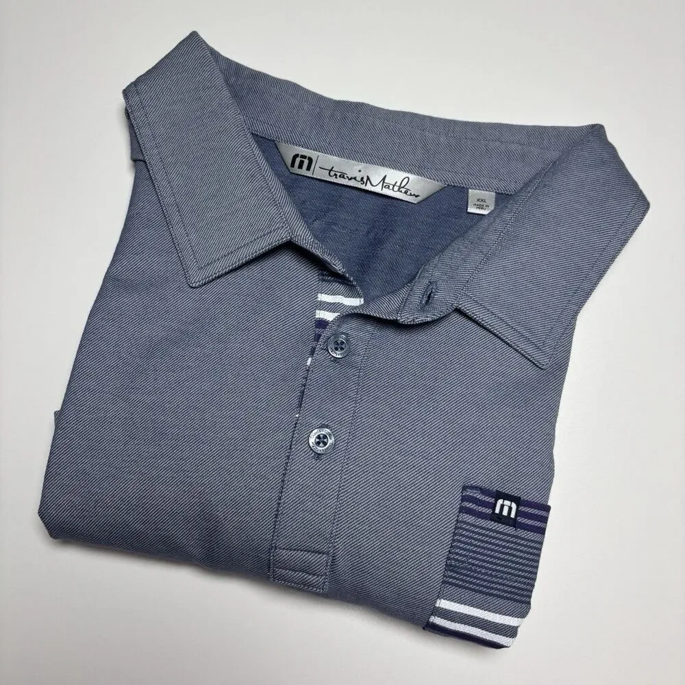Travis Mathew Polo Golf Shirt Men's XXL‎ Gray Stripped Pocket Short Sleeve Shirt
